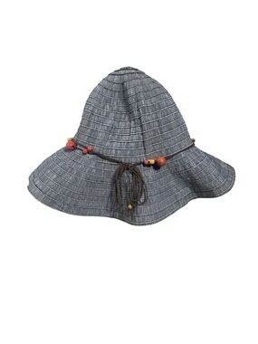 Blue Woven Wide-Brim Bucket Sun Hat with Beaded Tie